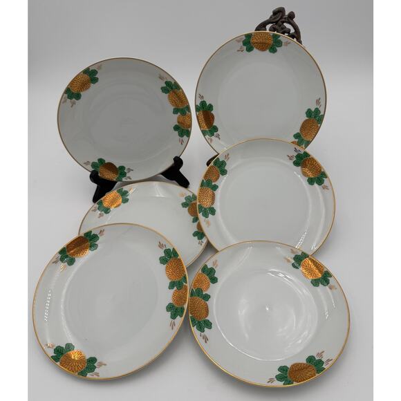 Fitz and Floyd Dessert Plates Gold Flowers with Green Leaves & Gold Trim Set/6 - Picture 10 of 12
